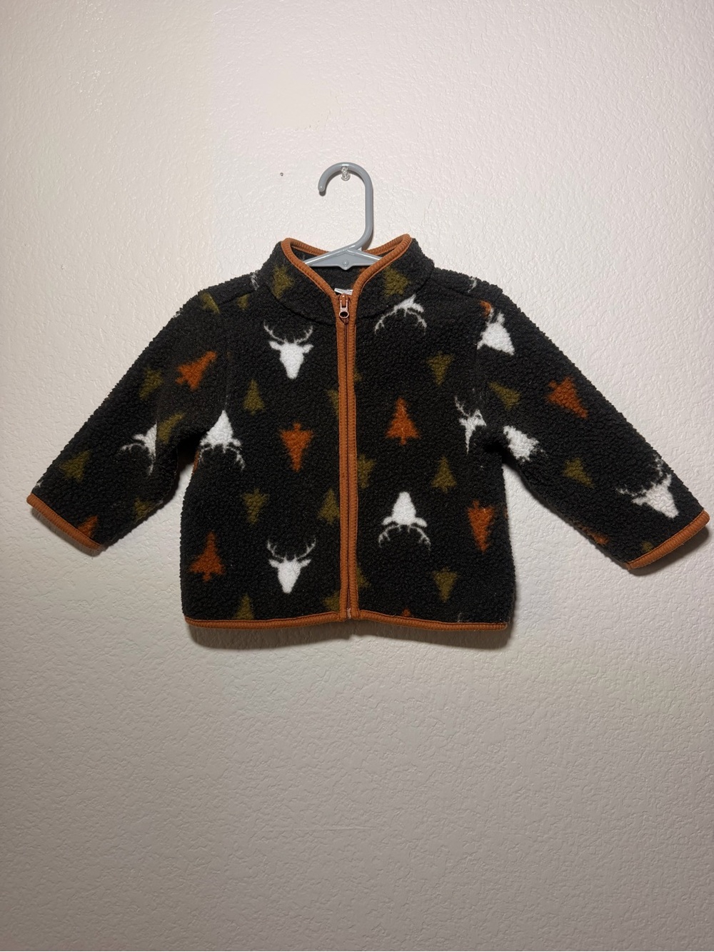 Petit Lem Black Fleece Jacket with White Deer & Orange Trim